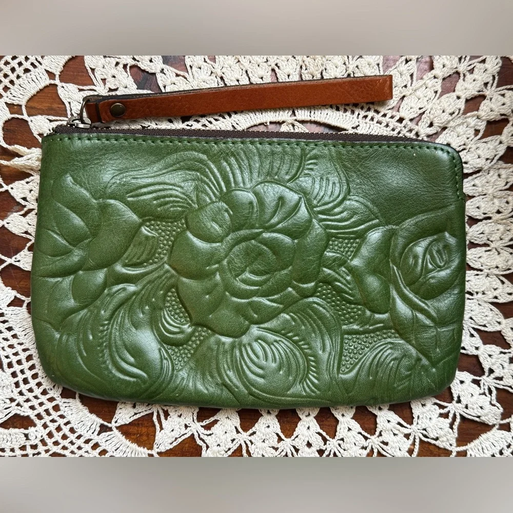 Patricia Nash Green Floral Embossed Leather Wristlet